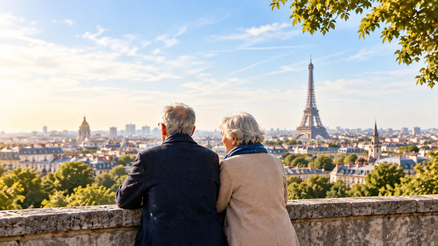 Un couple de retraités regarde Paris depuis une terrasse.