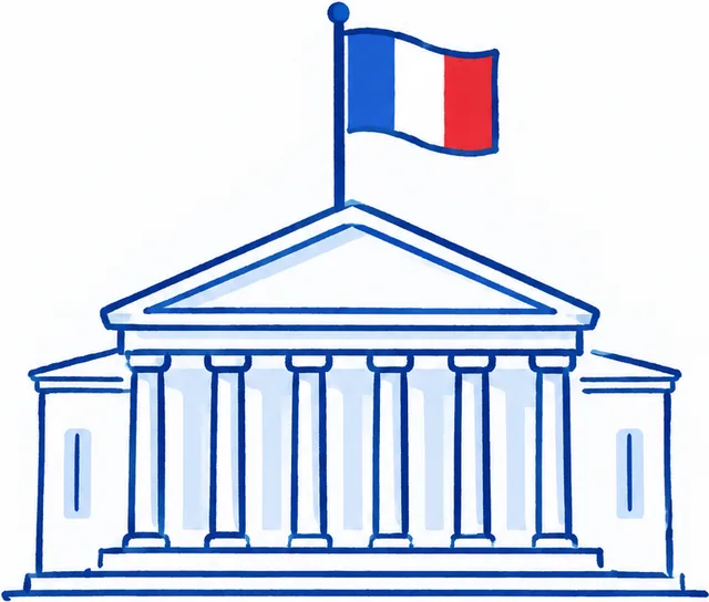 Illustration au trait : un bâtiment public surmonté d'un drapeau français